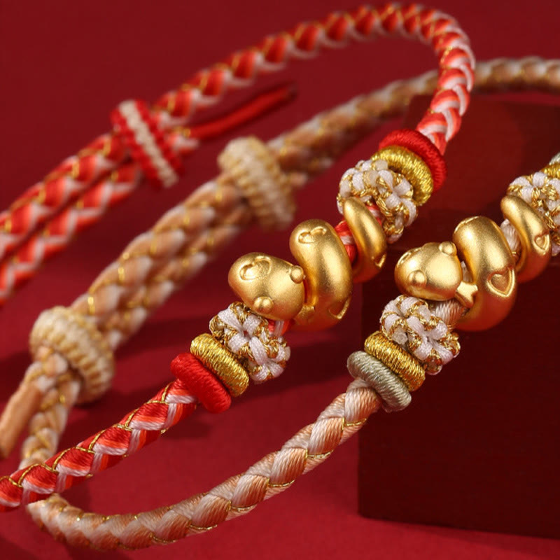 Pulsera trenzada con hilo rojo degradado y Buddha Stones en plata de ley 999 con el año de la serpiente y la suerte