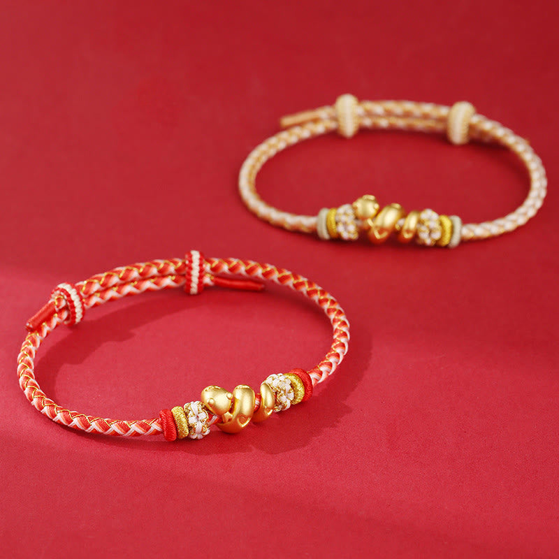 Pulsera trenzada con hilo rojo degradado y Buddha Stones en plata de ley 999 con el año de la serpiente y la suerte