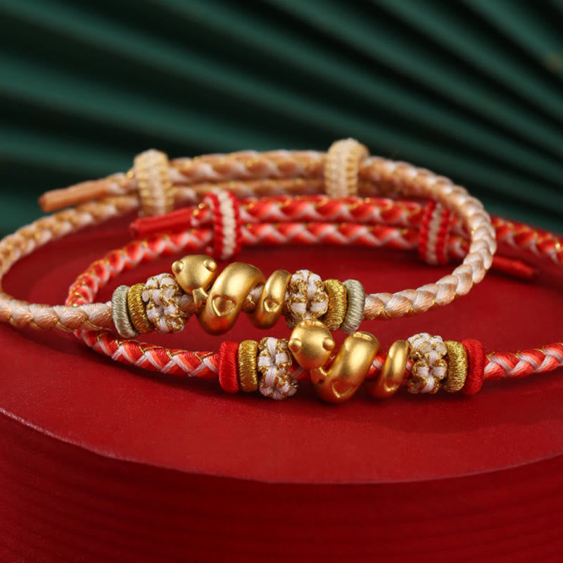 Pulsera trenzada con hilo rojo degradado y Buddha Stones en plata de ley 999 con el año de la serpiente y la suerte