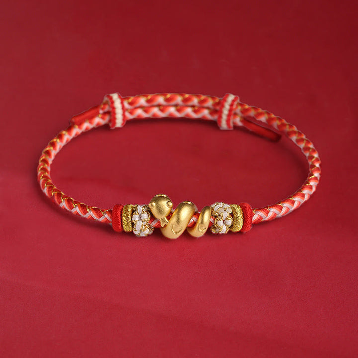 Pulsera trenzada con hilo rojo degradado y Buddha Stones en plata de ley 999 con el año de la serpiente y la suerte