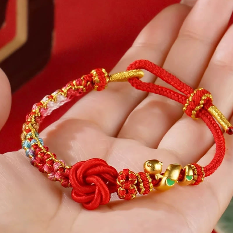 Pulsera trenzada con nudo de mandala de hilo rojo y Buddha Stones tejida a mano con flores de colores para proteger el año de la serpiente
