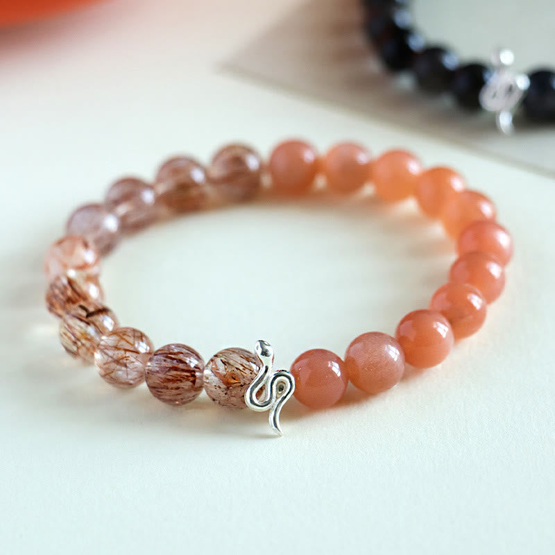 Pulsera positiva del año de la serpiente en plata de ley 925 con obsidiana y cuarzo rutilado y cristales de plata de ley con Buddha Stones y piedra solar natural Super Seven