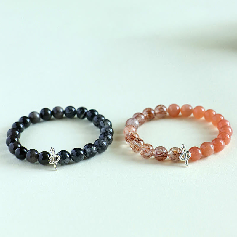 Pulsera positiva del año de la serpiente en plata de ley 925 con obsidiana y cuarzo rutilado y cristales de plata de ley con Buddha Stones y piedra solar natural Super Seven