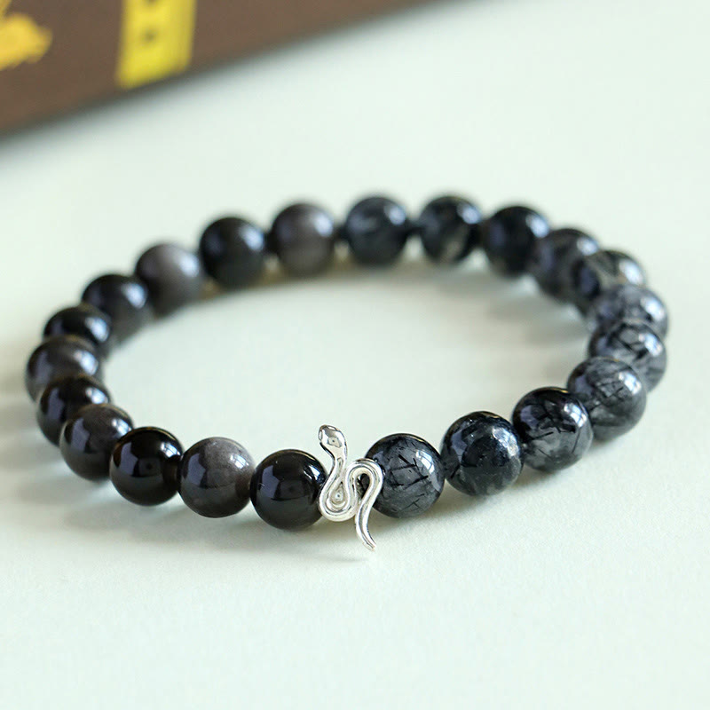 Pulsera positiva del año de la serpiente en plata de ley 925 con obsidiana y cuarzo rutilado y cristales de plata de ley con Buddha Stones y piedra solar natural Super Seven