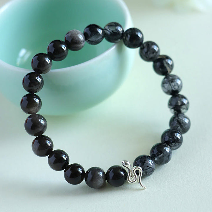 Pulsera positiva del año de la serpiente en plata de ley 925 con obsidiana y cuarzo rutilado y cristales de plata de ley con Buddha Stones y piedra solar natural Super Seven
