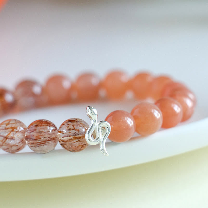 Pulsera positiva del año de la serpiente en plata de ley 925 con obsidiana y cuarzo rutilado y cristales de plata de ley con Buddha Stones y piedra solar natural Super Seven