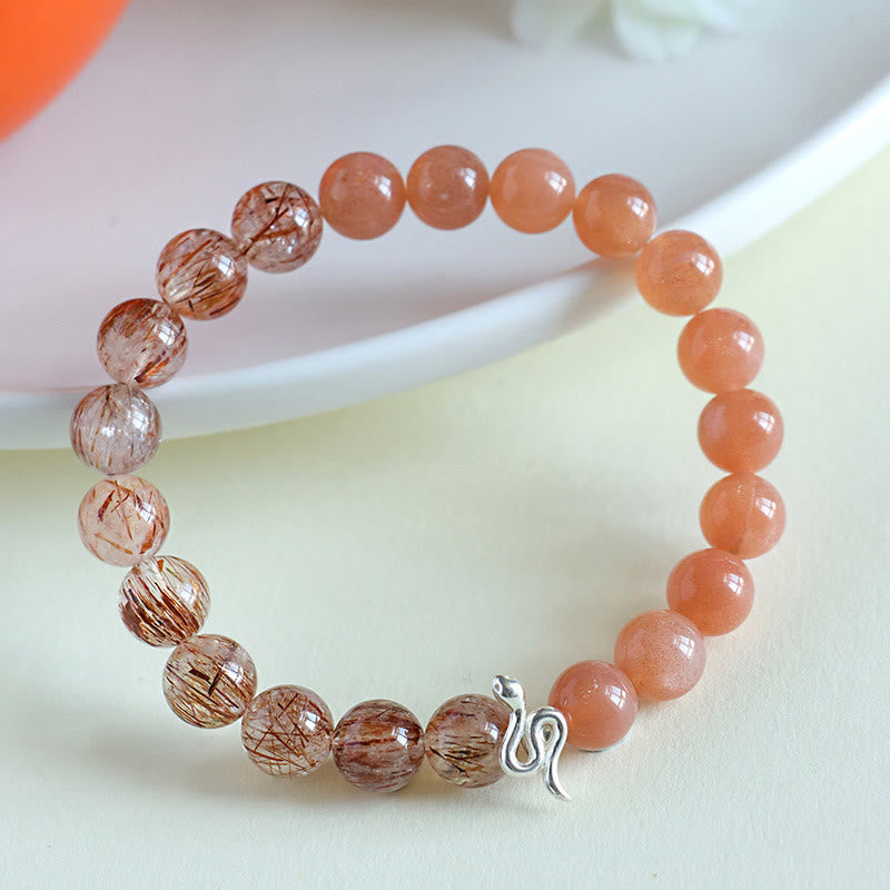 Pulsera positiva del año de la serpiente en plata de ley 925 con obsidiana y cuarzo rutilado y cristales de plata de ley con Buddha Stones y piedra solar natural Super Seven