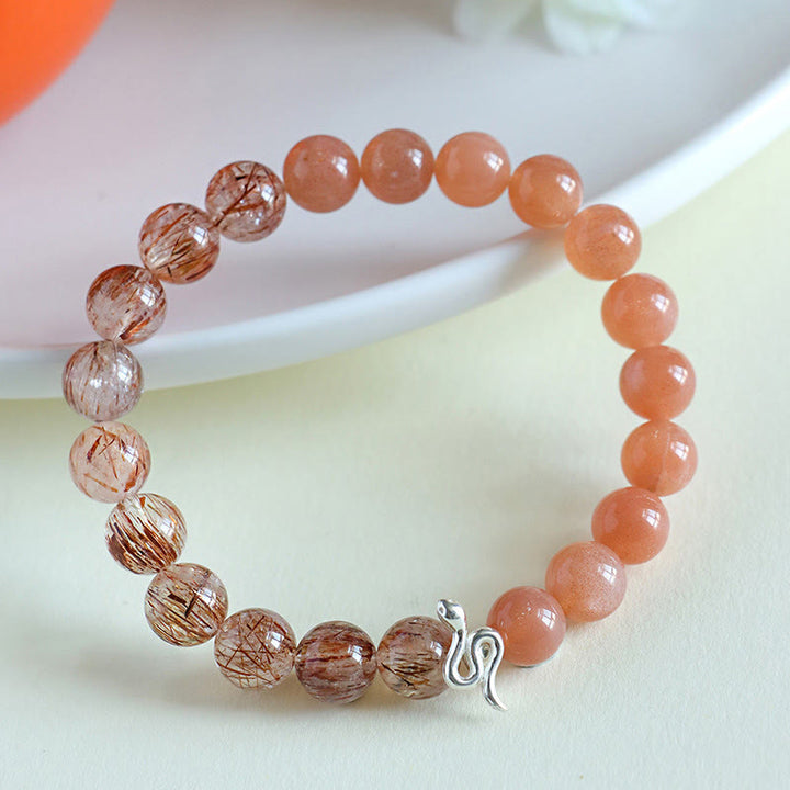 Pulsera positiva del año de la serpiente en plata de ley 925 con obsidiana y cuarzo rutilado y cristales de plata de ley con Buddha Stones y piedra solar natural Super Seven