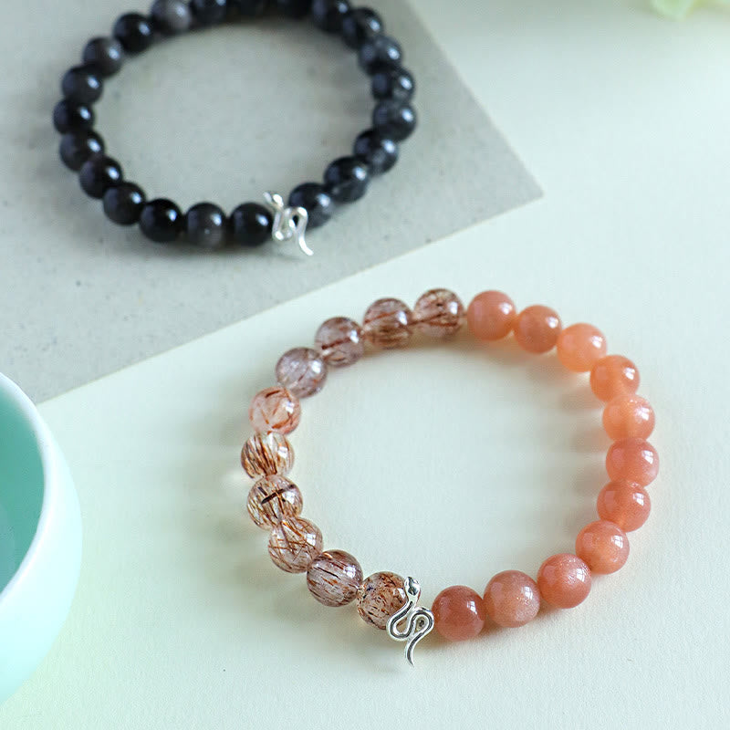 Pulsera positiva del año de la serpiente en plata de ley 925 con obsidiana y cuarzo rutilado y cristales de plata de ley con Buddha Stones y piedra solar natural Super Seven