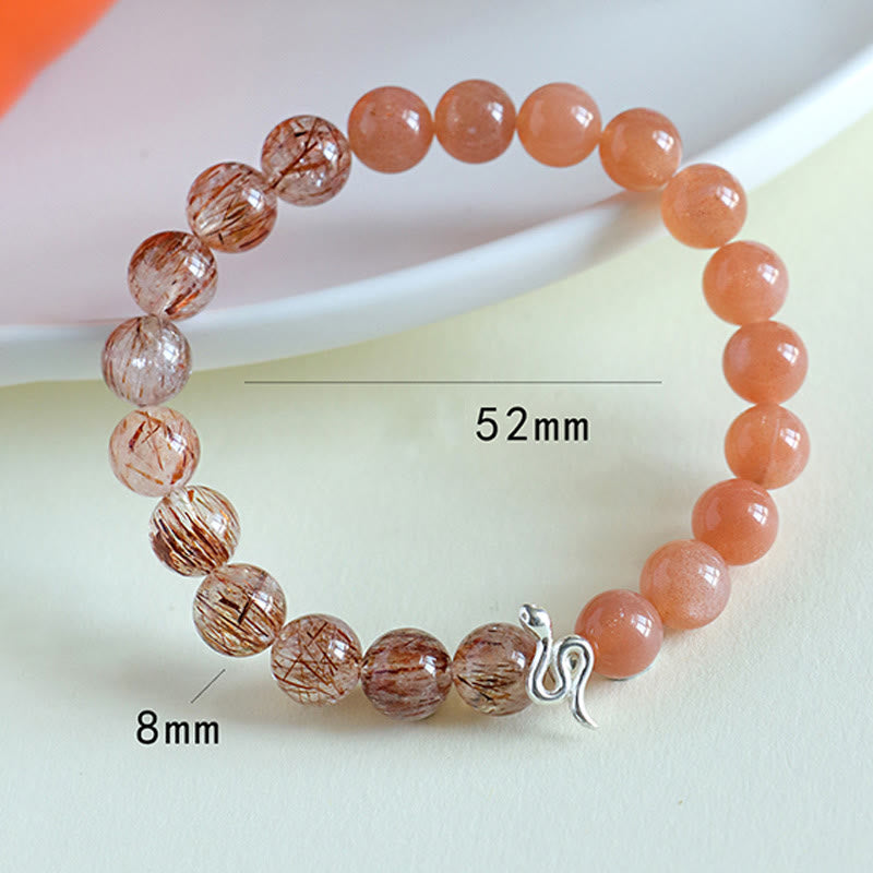 Pulsera positiva del año de la serpiente en plata de ley 925 con obsidiana y cuarzo rutilado y cristales de plata de ley con Buddha Stones y piedra solar natural Super Seven