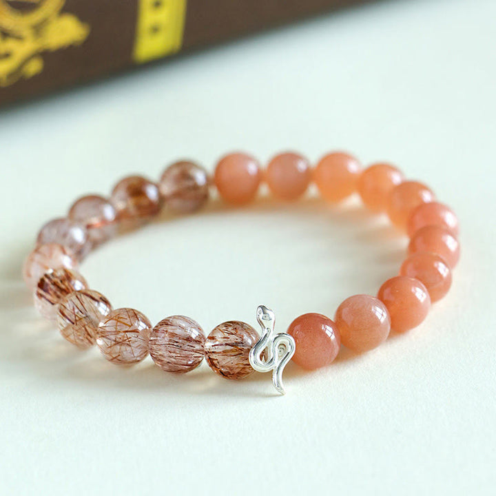 Pulsera positiva del año de la serpiente en plata de ley 925 con obsidiana y cuarzo rutilado y cristales de plata de ley con Buddha Stones y piedra solar natural Super Seven