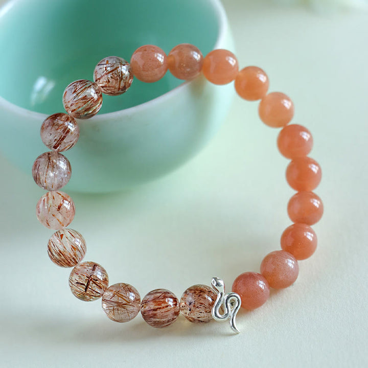 Pulsera positiva del año de la serpiente en plata de ley 925 con obsidiana y cuarzo rutilado y cristales de plata de ley con Buddha Stones y piedra solar natural Super Seven