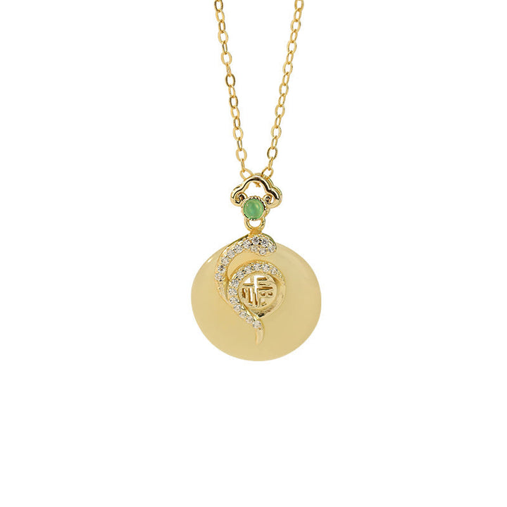 Collar con colgante de plata de ley 925 con Buddha Stones y hebilla de paz de jade hetiano con carácter Fu del año de la serpiente