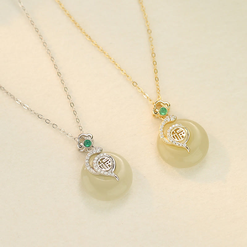 Collar con colgante de plata de ley 925 con Buddha Stones y hebilla de paz de jade hetiano con carácter Fu del año de la serpiente