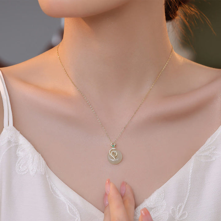 Collar con colgante de plata de ley 925 con Buddha Stones y hebilla de paz de jade hetiano con carácter Fu del año de la serpiente
