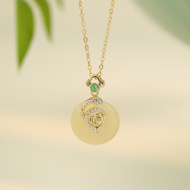 Collar con colgante de plata de ley 925 con Buddha Stones y hebilla de paz de jade hetiano con carácter Fu del año de la serpiente