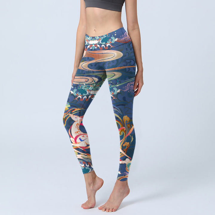 Pantalones de yoga para mujer con diseño de Buddha Stones, nubes auspiciosas y loto - Azul oscuro - US18，UK/AU22，EU50 (4XL) - image 0
