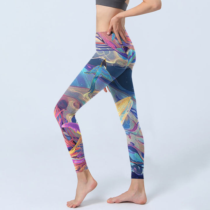 Leggings de yoga para mujer con estampado de Buddha Stones, golondrinas y olas - image 3