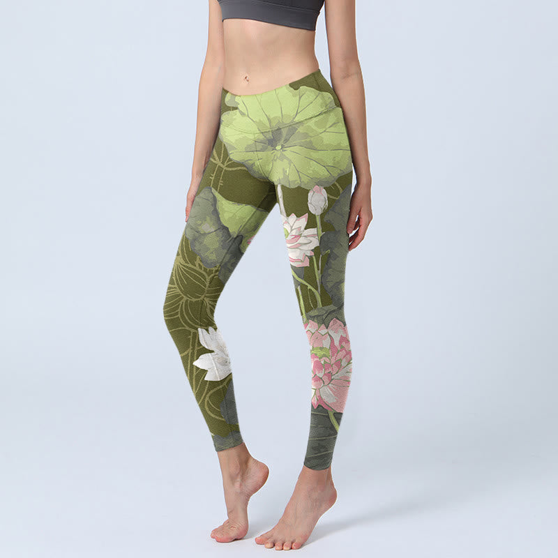 Leggings deportivos con estampado de loto y Buddha Stones para mujer - Verde oliva - US18，UK/AU22，EU50 (4XL) - image 1