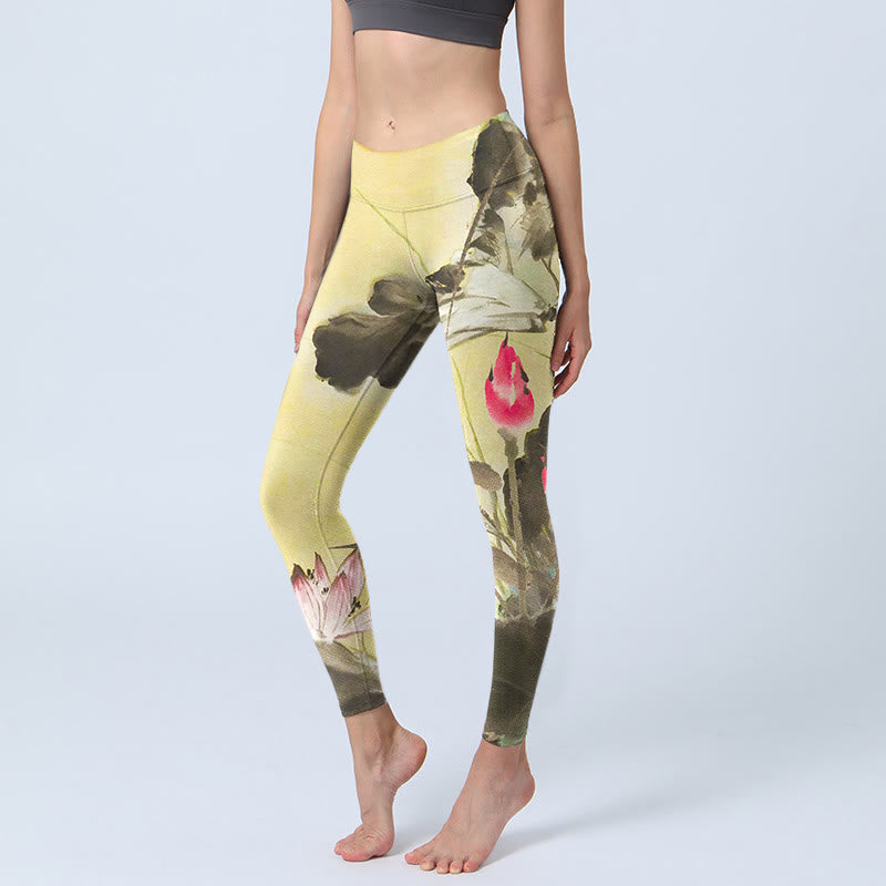 Leggings de yoga para mujer con estampado de loto en flor y sin flor de color rosa y Buddha Stones - Amarillo - US18，UK/AU22，EU50 (4XL) - image 1