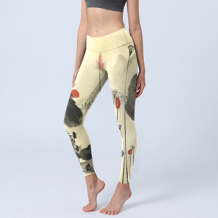 Leggings de yoga para mujer con estampado de casas, montañas y Buddha Stones - Amarillo dorado claro - US18，UK/AU22，EU50 (4XL) - image 0