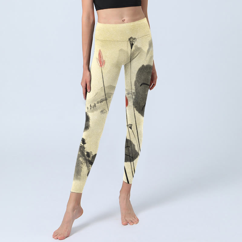 Leggings de yoga para mujer con estampado de casas, montañas y Buddha Stones - image 6