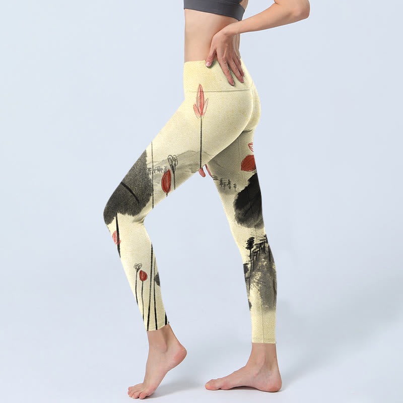 Leggings de yoga para mujer con estampado de casas, montañas y Buddha Stones - image 3