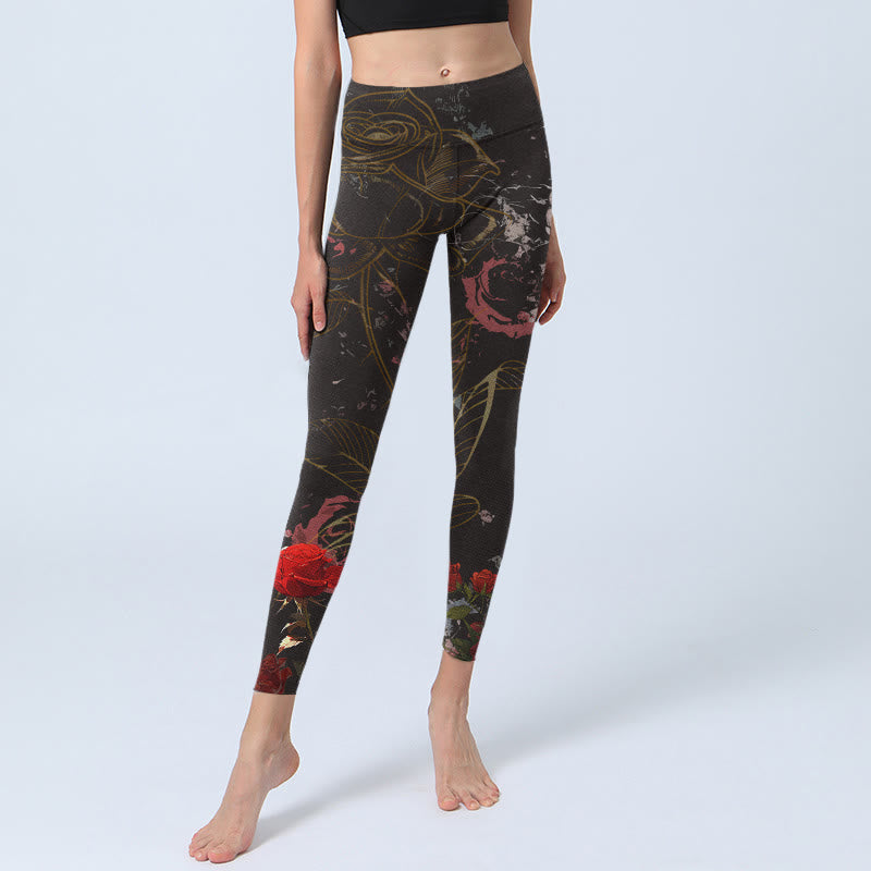 Leggings de yoga para mujer con estampado de rosas rojas y Buddha Stones - image 6