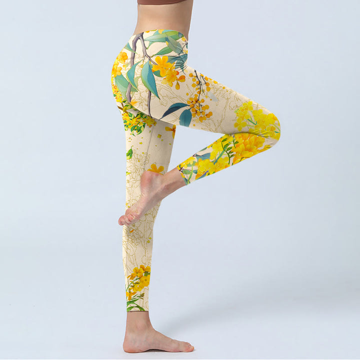 Leggings de yoga para mujer con estampado de colza, osmanthus amarillo y piedras de Buddha Stones - image 3