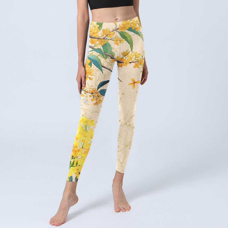 Leggings de yoga para mujer con estampado de colza, osmanthus amarillo y piedras de Buddha Stones - image 5