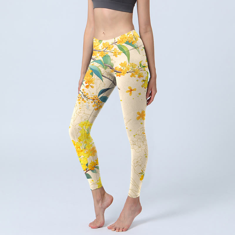 Leggings de yoga para mujer con estampado de colza, osmanthus amarillo y piedras de Buddha Stones - Chifón de limón - US18，UK/AU22，EU50 (4XL) - image 0