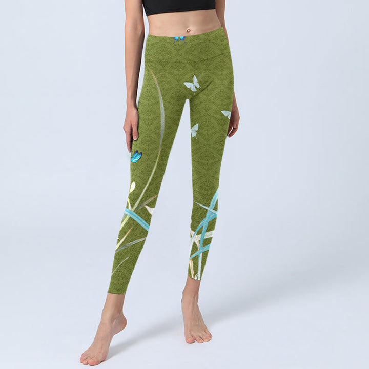 Leggings de yoga para mujer con estampado de flores de orquídeas y mariposas verdes y Buddha Stones - image 6