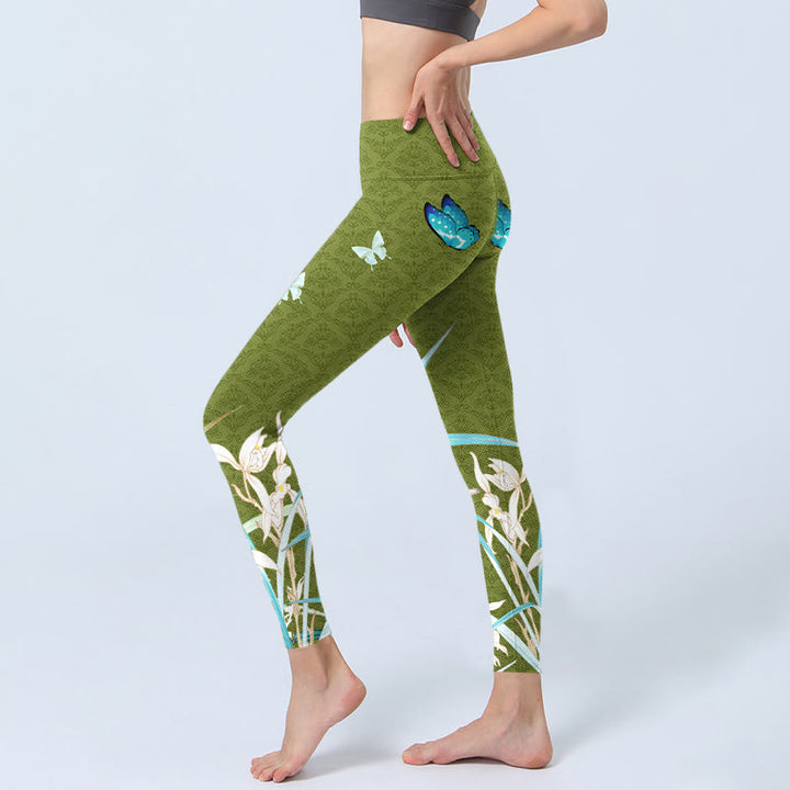 Leggings de yoga para mujer con estampado de flores de orquídeas y mariposas verdes y Buddha Stones - image 3