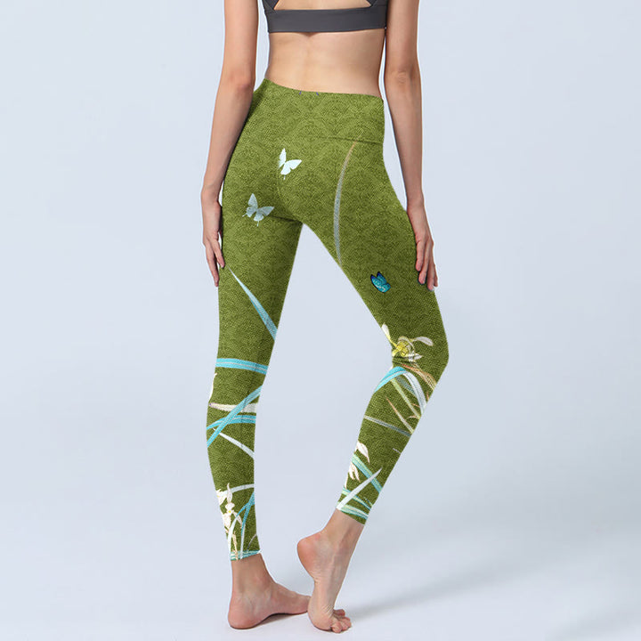 Leggings de yoga para mujer con estampado de flores de orquídeas y mariposas verdes y Buddha Stones - image 5