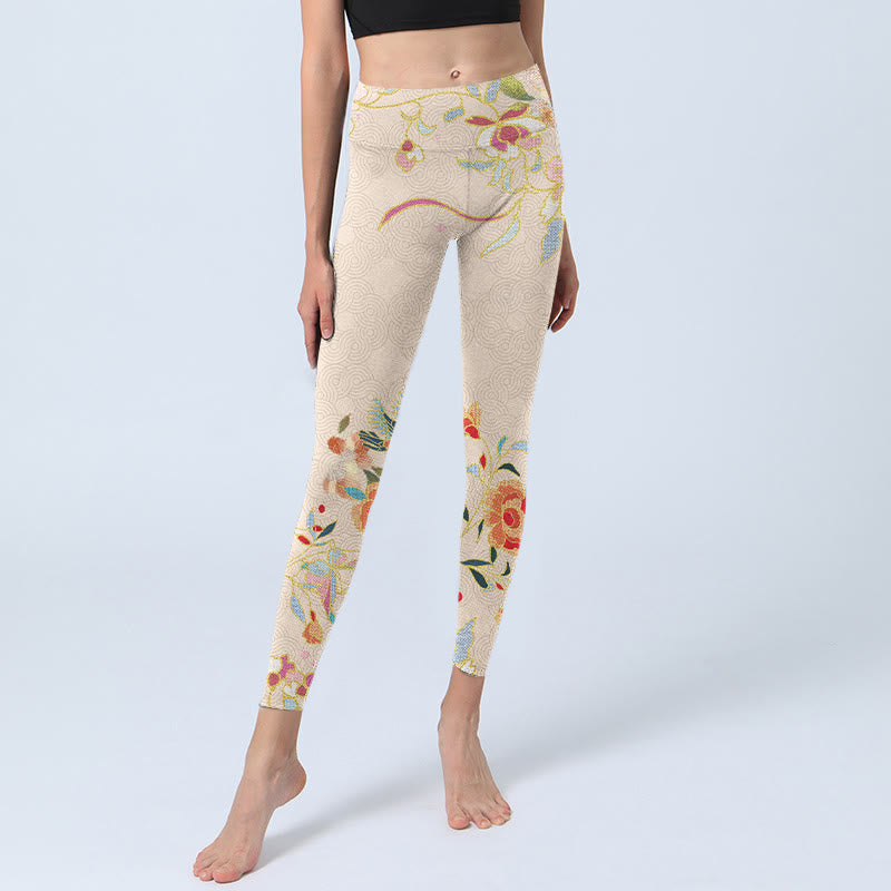 Leggings de yoga para mujer con estampado de flores, peonías, hojas, mariposas y albaricoques y Buddha Stones - image 5