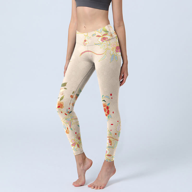 Leggings de yoga para mujer con estampado de flores, peonías, hojas, mariposas y albaricoques y Buddha Stones - FloralBlanco - US18，UK/AU22，EU50 (4XL) - image 1