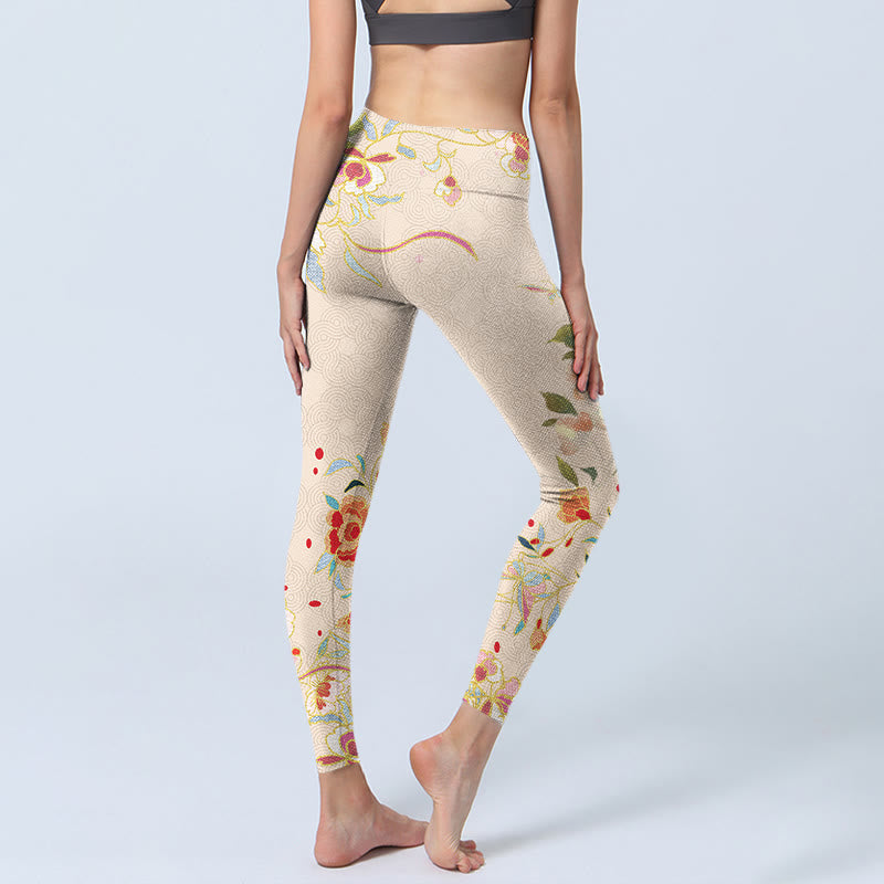 Leggings de yoga para mujer con estampado de flores, peonías, hojas, mariposas y albaricoques y Buddha Stones - image 4