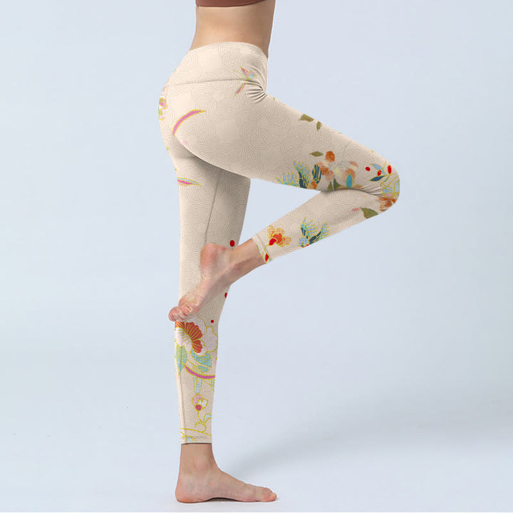 Leggings de yoga para mujer con estampado de flores, peonías, hojas, mariposas y albaricoques y Buddha Stones - image 5