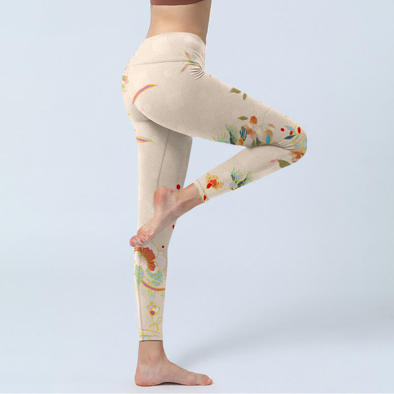 Leggings de yoga para mujer con estampado de flores, peonías, hojas, mariposas y albaricoques y Buddha Stones - image 4