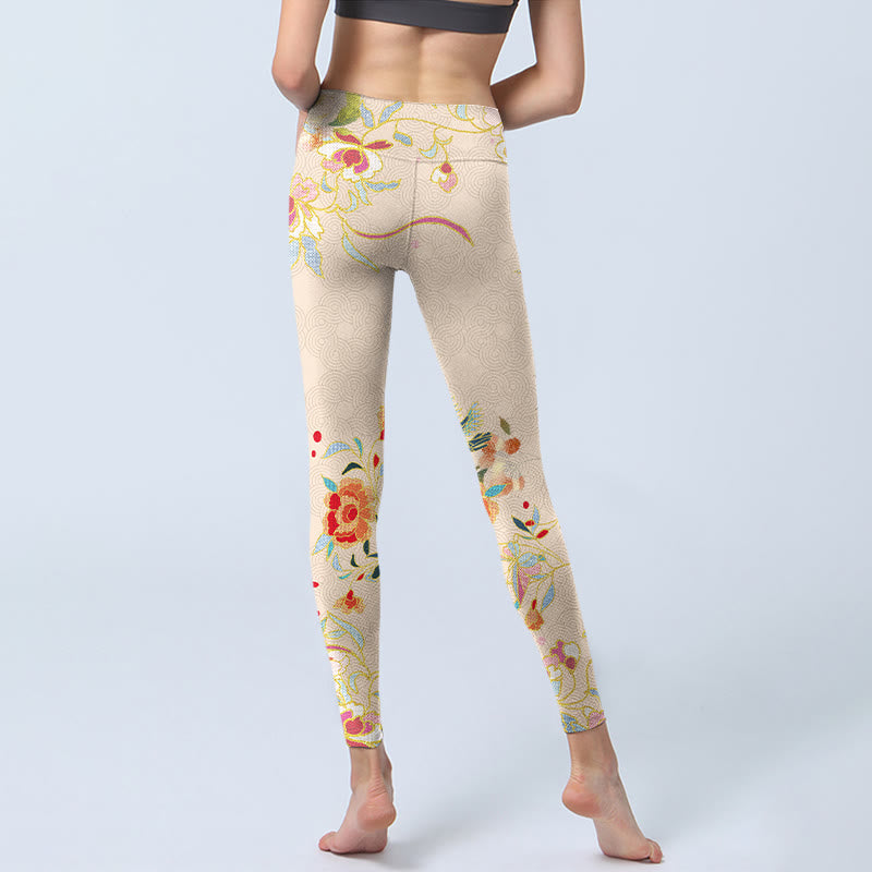 Leggings de yoga para mujer con estampado de flores, peonías, hojas, mariposas y albaricoques y Buddha Stones - image 6