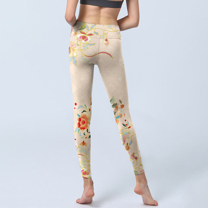 Leggings de yoga para mujer con estampado de flores, peonías, hojas, mariposas y albaricoques y Buddha Stones - image 6