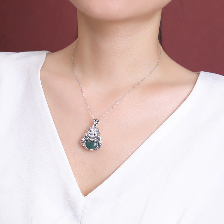 Collar con colgante de cadena de loto de jade cian con forma de Buddha Stones sonriente en plata de ley 999 - image 5