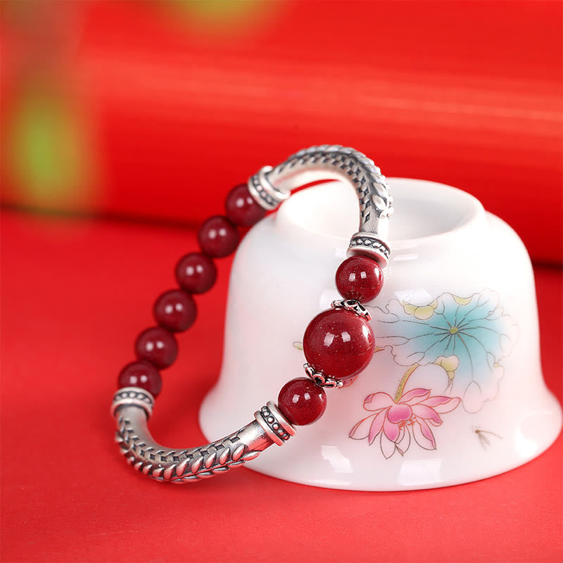 Pulsera de plata de ley 999 con Buddha Stones y espigas de trigo y cinabrio - Cinabrio (circunferencia de la muñeca: 14-16 cm) - image 9
