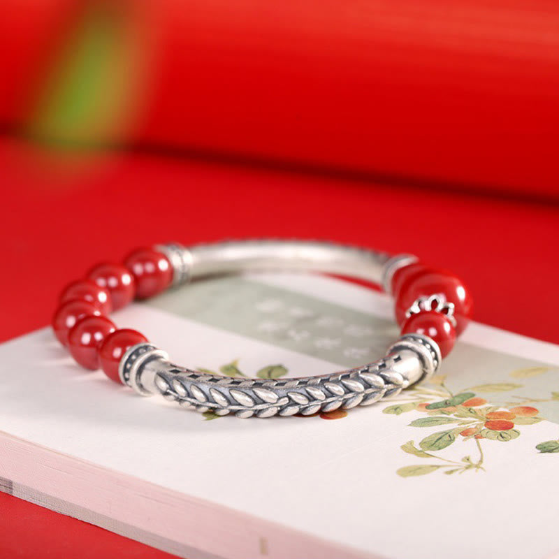 Pulsera de plata de ley 999 con Buddha Stones y espigas de trigo y cinabrio - image 3