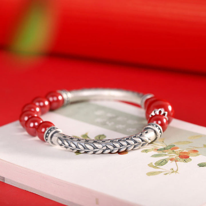 Pulsera de plata de ley 999 con Buddha Stones y espigas de trigo y cinabrio - image 3