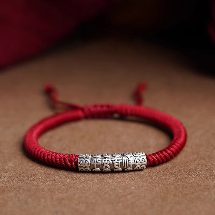 Pulsera de cuerda de la suerte Om Mani Padme Hum con Buddha Stones en plata de ley 999 hecha a mano y con la paz y la buena fortuna - Rojo oscuro (circunferencia de la muñeca 14-20 cm) - Paz y buena fortuna - image 0