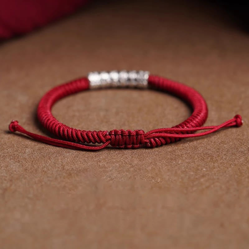 Pulsera de cuerda de la suerte Om Mani Padme Hum con Buddha Stones en plata de ley 999 hecha a mano y con la paz y la buena fortuna