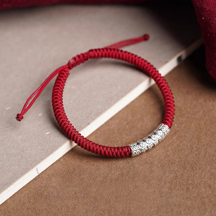 Pulsera de cuerda de la suerte Om Mani Padme Hum con Buddha Stones en plata de ley 999 hecha a mano y con la paz y la buena fortuna