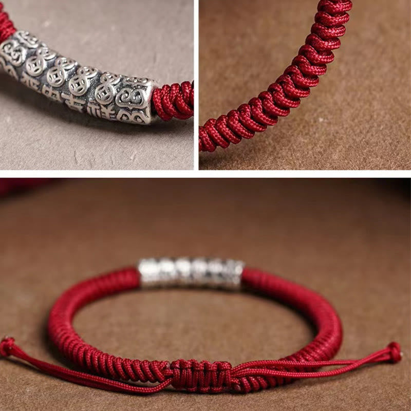 Pulsera de cuerda de la suerte Om Mani Padme Hum con Buddha Stones en plata de ley 999 hecha a mano y con la paz y la buena fortuna