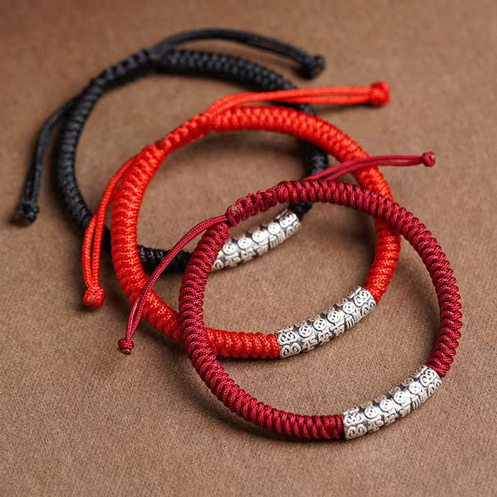 Pulsera de cuerda de la suerte Om Mani Padme Hum con Buddha Stones en plata de ley 999 hecha a mano y con la paz y la buena fortuna